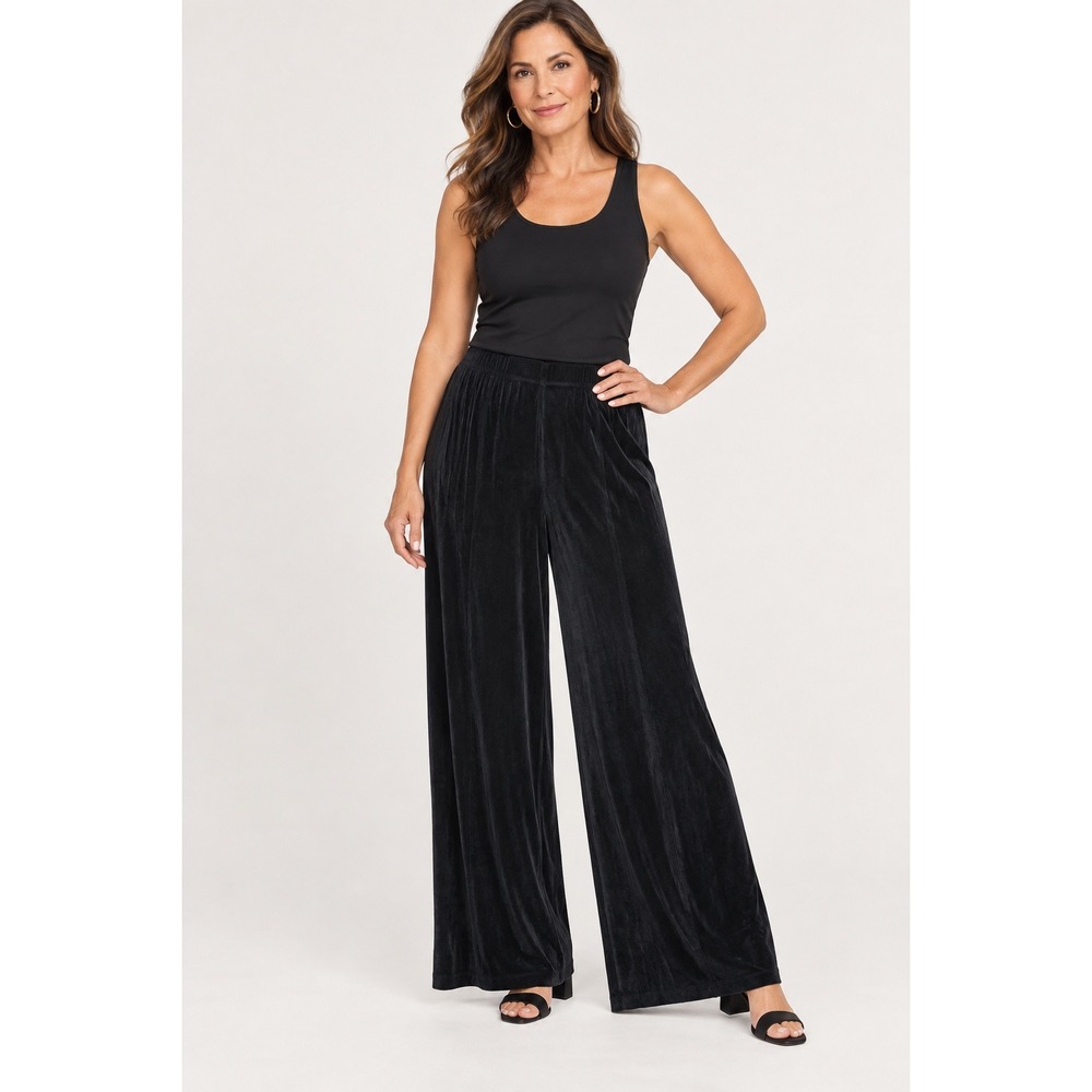 Chico's Womens Travelers Wide Leg Pants Size 1 Medium Black Ribbed Knit Flowy